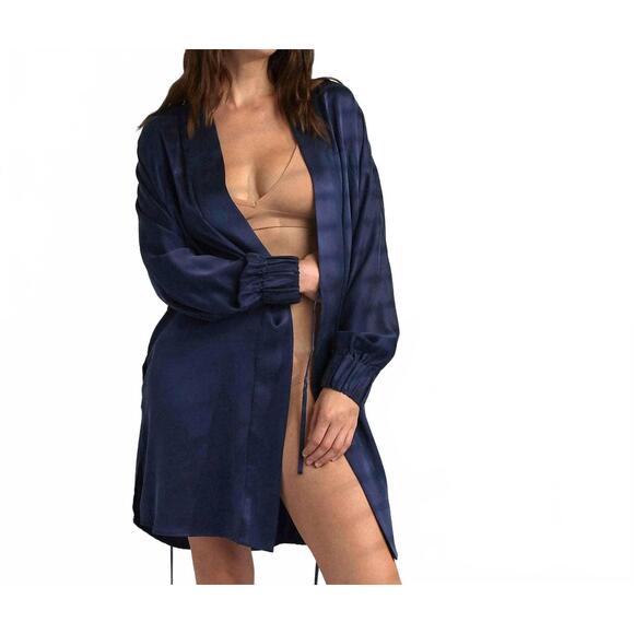 NEW LUNYA washable silk short robe in deep blue